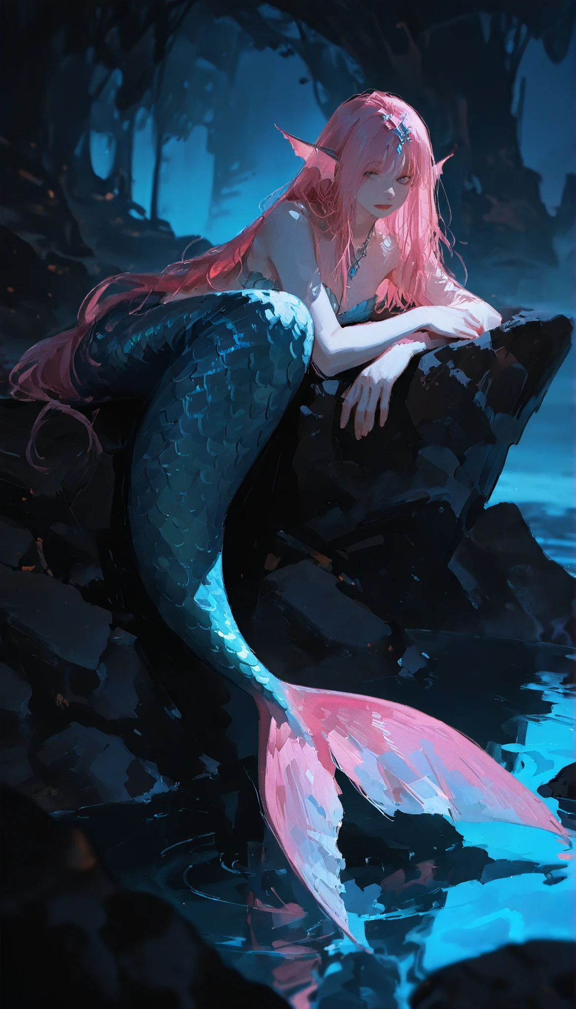 ((mermaid)) A melancholic mermaid with a soft pastel pink fishtail, sitting alone on a dark rock under the dim moonlight. Her very long, damp hair clings gently to her pale skin, blue eyes. The ocean is calm and dark, with only a few ripples breaking the stillness. Mist hangs in the air, and shadows from distant cliffs loom in the background. Her fishtail, though soft pink, appears faded in the night, with a subtle glow that contrasts the gloomy surroundings. Moody atmosphere, soft lighting, fantasy realism, detailed, dark fairytale aesthetic.