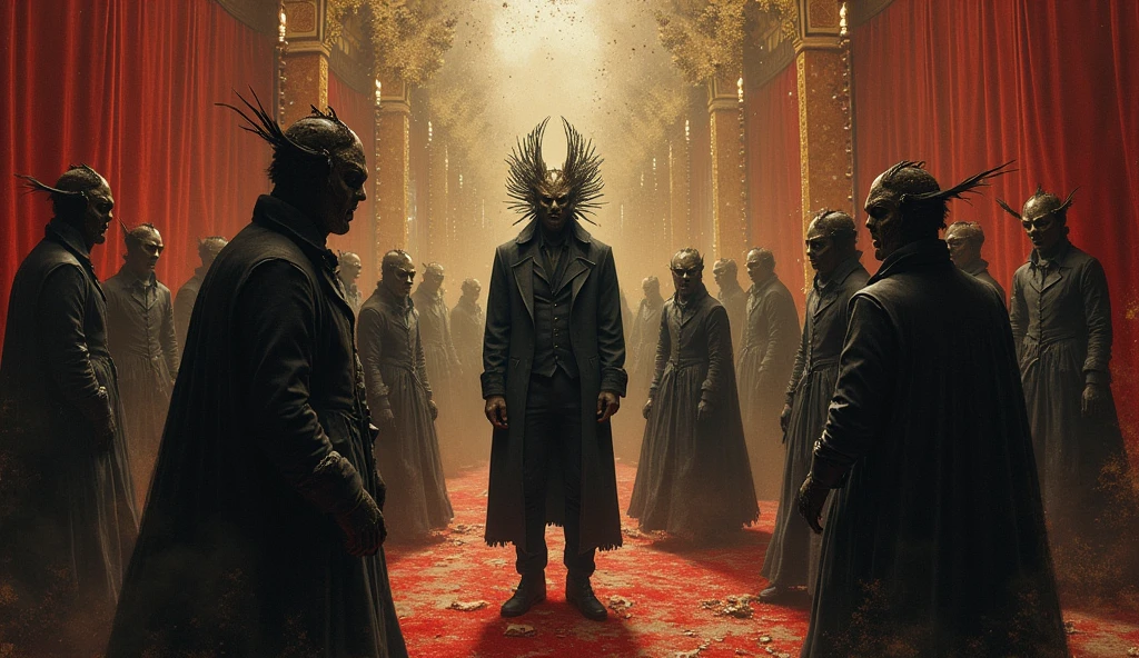A ancient Demon and A New gen Normal Human Face-off Image. Both a sitting on  a Throne side by side. A Golden White Rays focusing on the middle of them. The Demon Wears A Dark Grey Reaper Cloth and the Human Wears Black Suit. Dark Brown Atmosphere. Hyper Realistic Assets, Ultra Realistic Image. Shots on High-end cinematic camera. Personal Ai detailed Touches, Well detailed image.