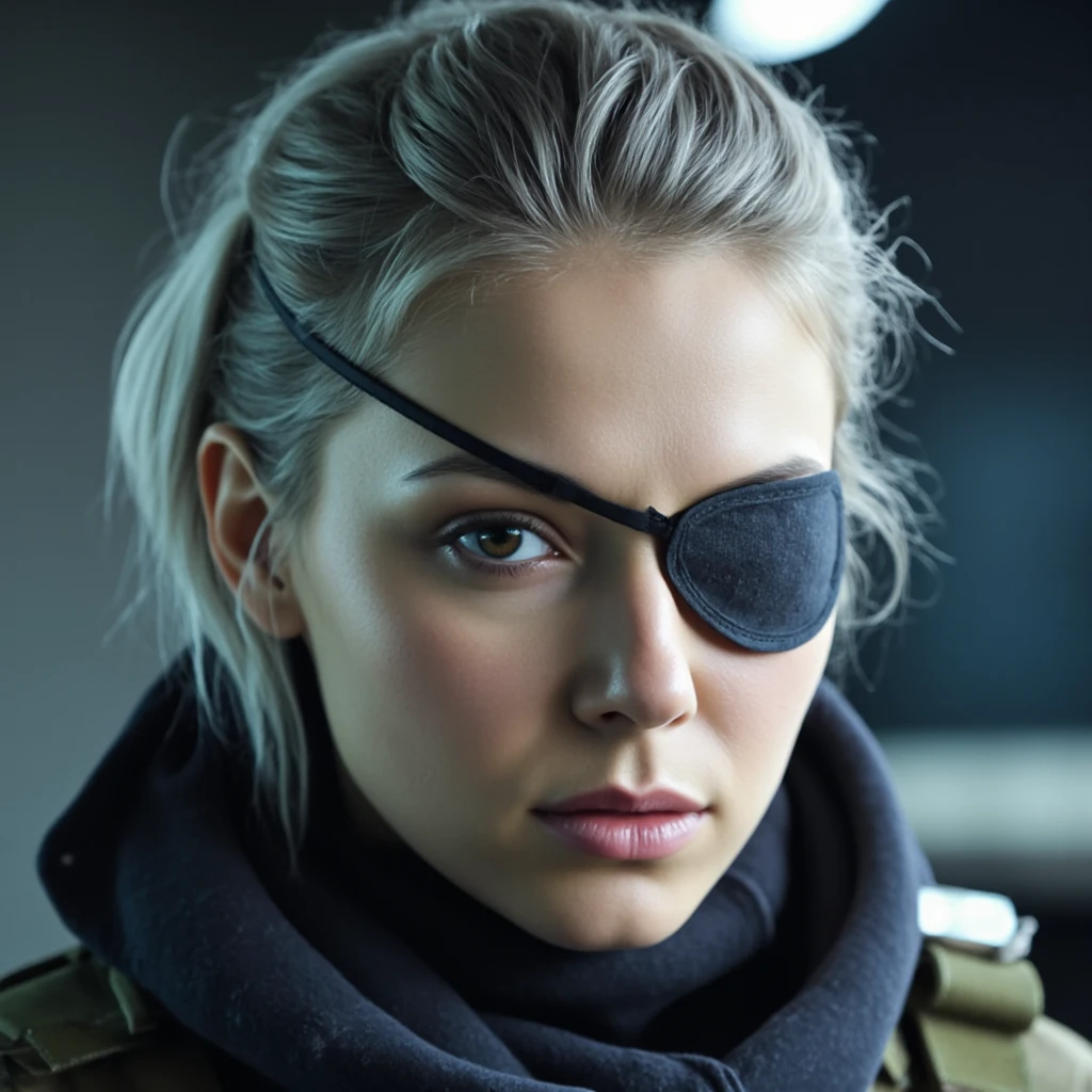 a woman with an eye slap on her left eye, gray silver hair, right eye color brown, wearing tactical military clothing and a dark scarf.