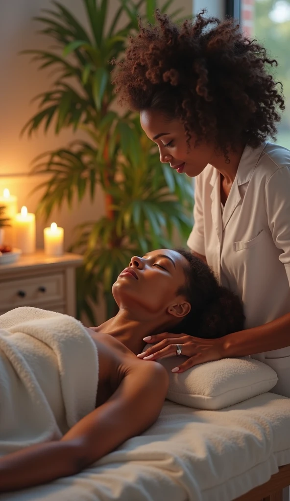 Black woman doing reiki on white woman lying on a stretcher in office with bamboo quartz, salt lamps