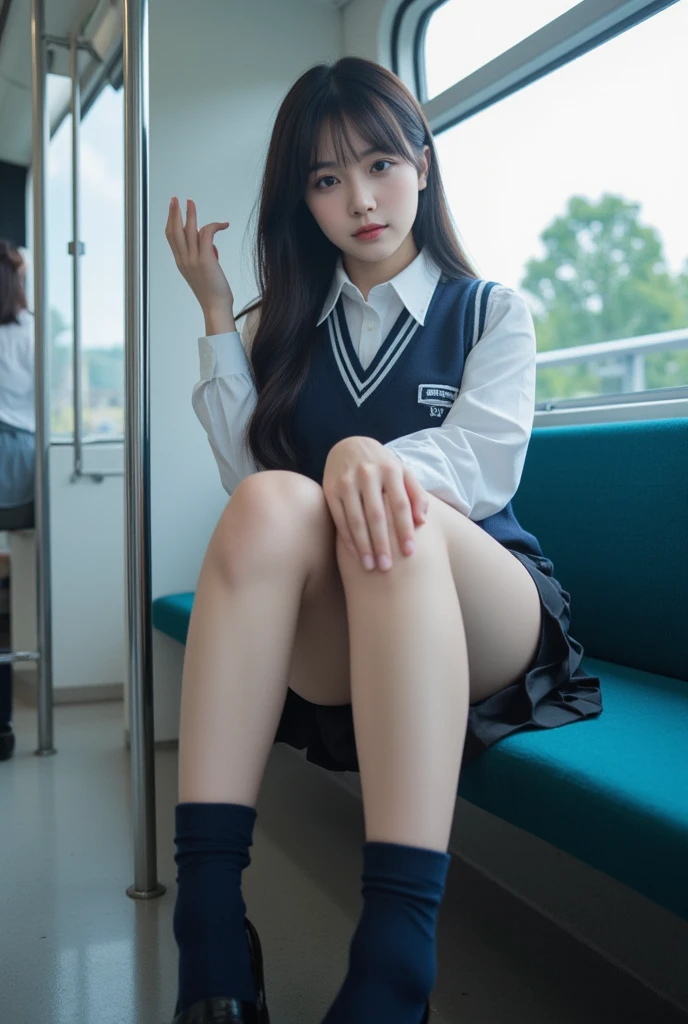 (8k, best quality, masterpiece: 1.2), (realistic, realistic, photorealistic: 1.37), 1 girl, hyper detail, beautiful detail eyes, beautiful detail nose, (((1girl))), cropped tight sailor suit, pleated short skirt, full body photo, subway station, shoes, upright sitting,