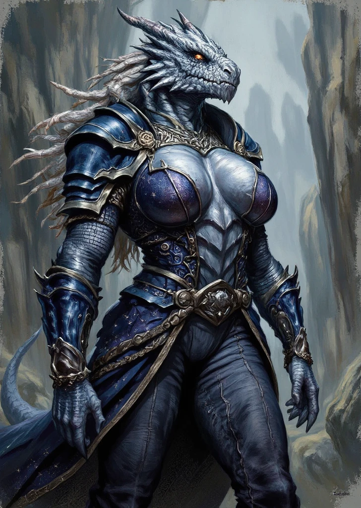 A blue vixen, saffira, from yugioh, in a bikini stands in the rain, her armor reflecting the light, 1girl, solo, breasts, smile, short hair, bangs, blue eyes, navel, cleavage, jewelry, closed mouth, yellow hair, standing, collarbone, upper body, bikini, small breasts, artist name, necklace, stomach, armor, gradient, looking to the side, gradient background, watermark, looking away, shoulder armor, web address, dragon, rain, green background, pauldrons, circlet, dragon female, body fur, shoulder pads, dragin scale, snout, two-tone fur,
