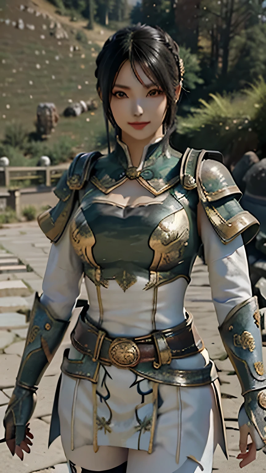 Hosei ,(best quality,4K,8k,high resolution,Artwork:1.2)(weather: In the Wind ), CHINESE VILLAGE BACKGROUND , Chinese Gardens, Striped top, long sleeve, white capelet, belt, Circle Skirt, gold trim, Black Pantyhose, high boots , eyeliner, short wavy hair, black hair, Super Detail, realistic, Portraits, Beautiful Detailed Honey Colored Eyes, Shining Eyes, , beautifully detailed lips, Highly Detailed Eyes and Face, long eyelashes, sexy, average, big breasts, radiant smile, glance smile, POWERFUL GIRL , sexy pose, Stunning curves, I'm wearing a bright color , dramatic lighting, hair flutters, Chinese Sword,