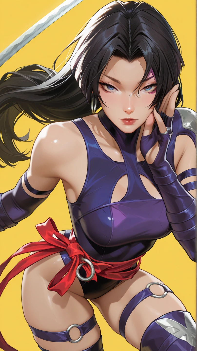 (high quality,ultra-detailed:1.2),photorealistic,ninja girl,Japanese,15 years old,beautiful detailed eyes,beautiful detailed lips,long black hair,super agility,expert in using kunais,vivid colors,lighting:soft sunlight,dynamic pose,fierce expression,traditional ninja outfit,background:ninja dojo with cherry blossom tree,action:mid-air jump and throwing kunais.