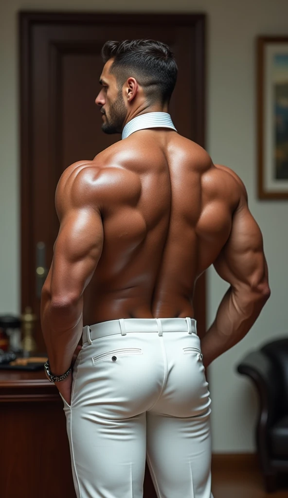 Beautiful man 30 years old, muscular body, barba rala, mas seu rosto esta iluminado pela fogueira. Creme formal trousers ((backside))