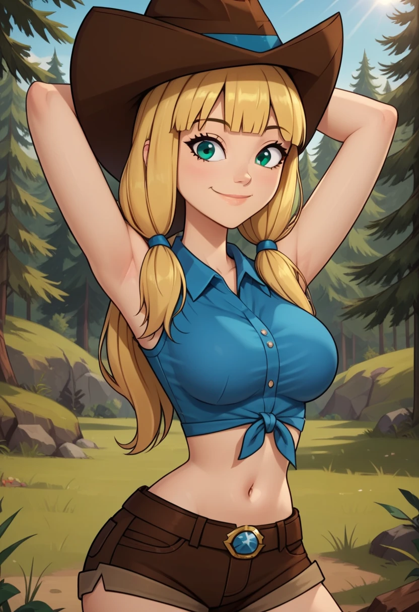 ((best quality)), ((highly detailed)), masterpiece, (detailed eyes, deep eyes), (1girl), dynamic angle, cowboy shot, mlpapplejack, woman, smile, looking at viewer, ((blonde hair)), low-tied pony tail, ((green eyes)), denim shorts, red checkered flannel shirt tied above navel, hiking boots, gleeful smile (outdoor, forest), flashing breasts, ((exposed breasts, nipples)), graceful pose, realistic proportions, woman, cupping breasts, puckered lips, open shirt, rolled sleeves, belt buckle, lace bra, stepping out of a tent, sexy pose, kneeling in a tent, nipples
