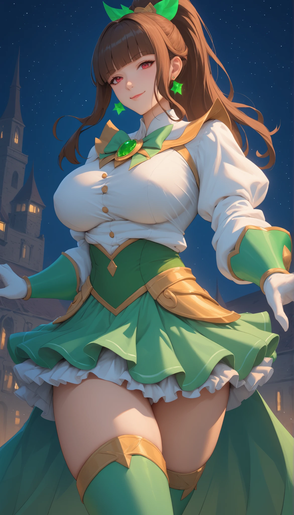 8k, qualidade superior, alta resolução, Reallistic、Fotorrealista,Cinematic light、to stand、arte de fantasia detalhada、arte de personagem impressionante、fan art best art station、epic exquisite character art、germe de arte extremamente detalhado、arte de anime digital detalhada、art stations , 1girl em, the sailor jupiter, colarinho de marinheiro verde, cabelos castanhos vermelhos, poneyCauda, ((sorriso sedutor、Cara muito limpa、Detalhes do rosto:1.5、Rosto bonito、Olhos belos、olhos brilhantes、olhos de cor verde,fine lips:1.3、thin, sharp, pale eyebrows,、long dark eyelashes、Double eyelashes)),Uniforme Sailor Senshi( (White latex elbow gloves, Thin white latex leotard、Green latex skirt, gargantilha verde,pink bow、Detail with strong shine and smooth surface)), brinco, Tiara Dourada,Dynamic Stance, Dynamic backgrounds、Stars and moon in the skyCG、fantasiacg、Magnificent big bright moon、ambiente iluminado、cavaleiro da fantasia、starly sky、Esbian de corpo inteiro、The deity of lightning、lightnings、eletricidade、radiating power、magia((Drama))Lightning background,