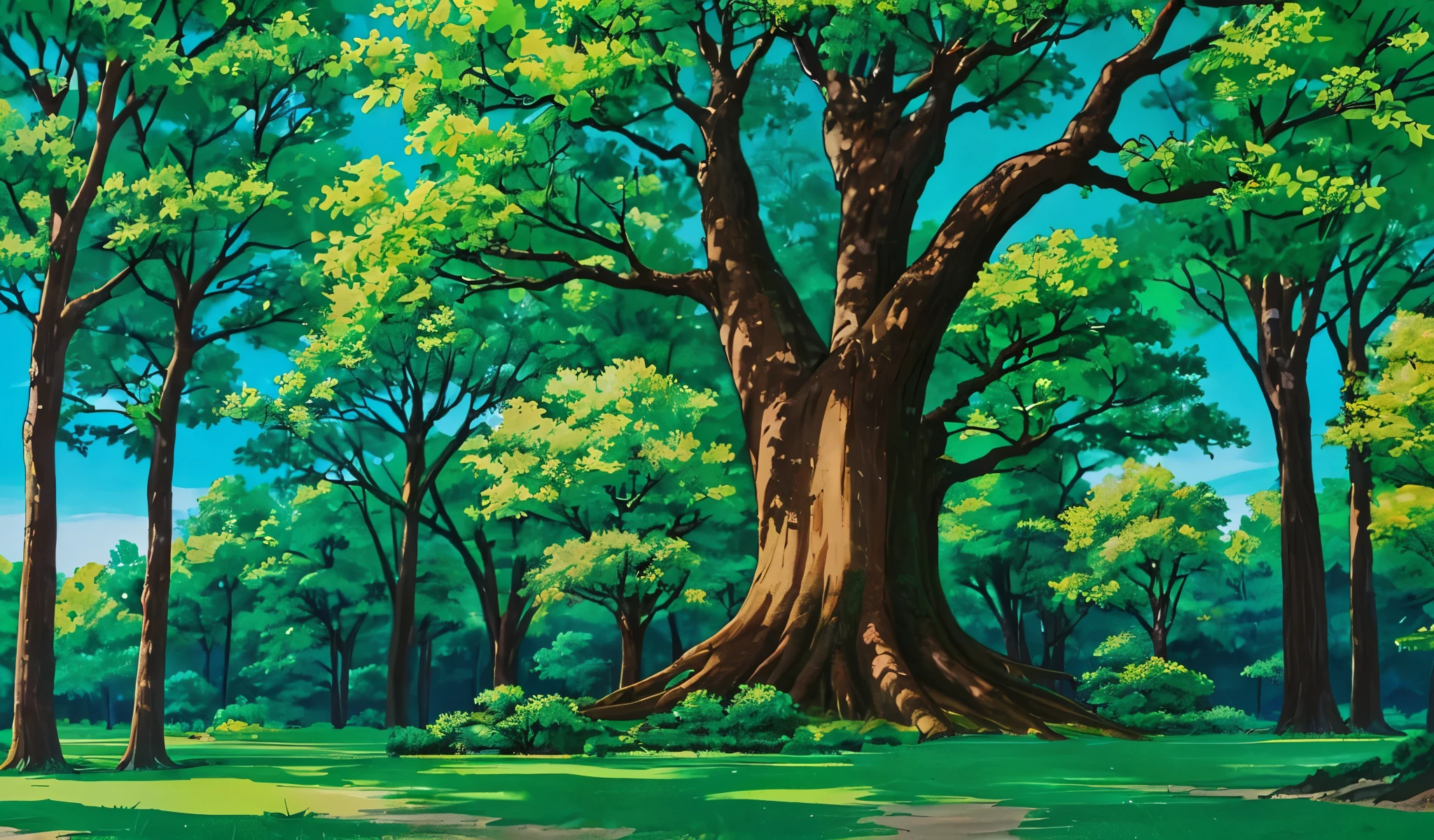 Drawn in 80’s anime art style.
Retro anime. Vintage Anime. Classical Anime.
The Sacred Tree (Goshinboku)
• Significance: The tree where Inuyasha was pinned by Kikyo’s arrow and where Kagome later meets Inuyasha.
• Description: A giant, ancient tree located in the modern-day shrine grounds of Kagome’s family home. The tree is sacred, holding great significance in Inuyasha’s history and connection to Kikyo. The trunk has a mystical aura, and its branches spread wide against the skyline.