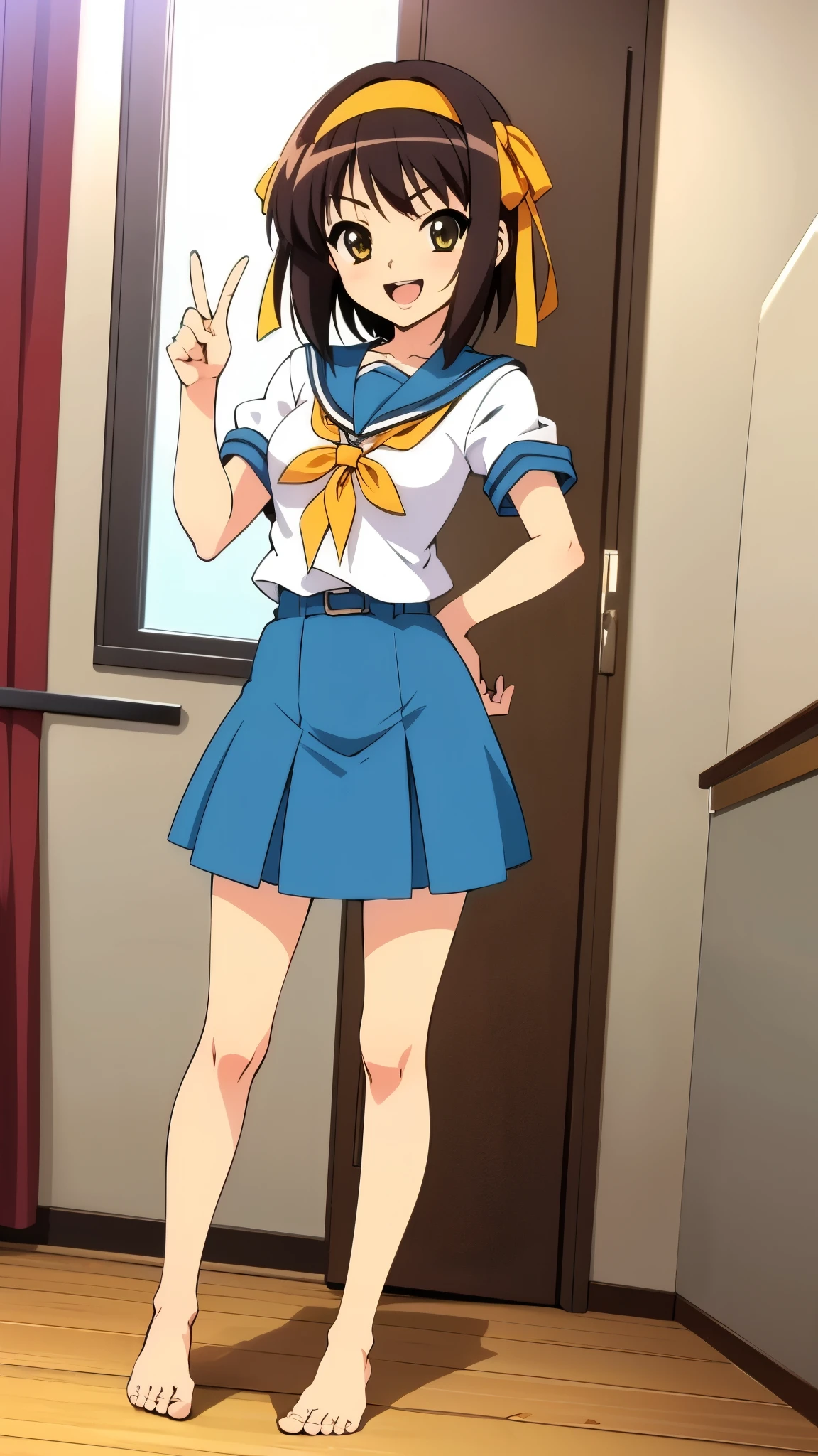 1 girl, (solo), ((amanogawaki)), best quality, highres, high quality, 8k, HD, super detail, anatomically correct, UHD, accurate, (masterpiece:1.2), (high quality:1.0), (ultra detailed), (Front View), (Closed Eyes), Blushing, Brat, (Blue White Uniform), Uniform Skirt, Adult, Yellow Headband, (((Panty Pull))), sxspnts, undressing, Skirt, Bending forward, View from Front, Directly in front