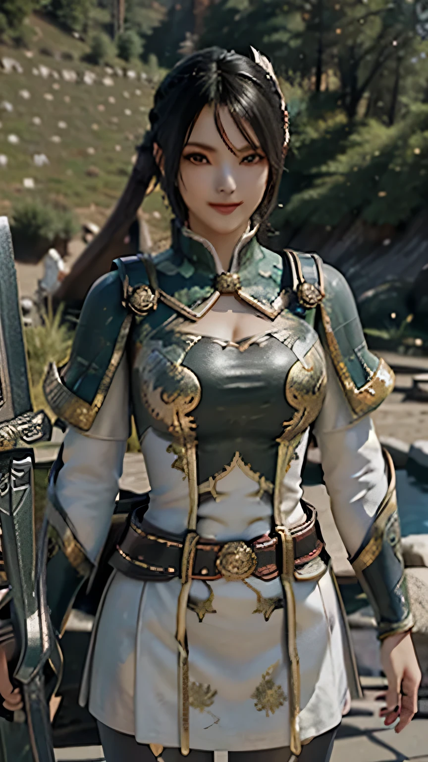 Hosei ,(best quality,4K,8k,high resolution,Artwork:1.2)(weather: In the Wind ), CHINESE VILLAGE BACKGROUND , Chinese Gardens, Striped top, long sleeve, white capelet, belt, Circle Skirt, gold trim, Black Pantyhose, high boots , eyeliner, short wavy hair, black hair, Super Detail, realistic, Portraits, Beautiful Detailed Honey Colored Eyes, Shining Eyes, , beautifully detailed lips, Highly Detailed Eyes and Face, long eyelashes, sexy, average, big breasts, radiant smile, glance smile, POWERFUL GIRL , sexy pose, Stunning curves, I'm wearing a bright color , dramatic lighting, hair flutters, Chinese Sword,