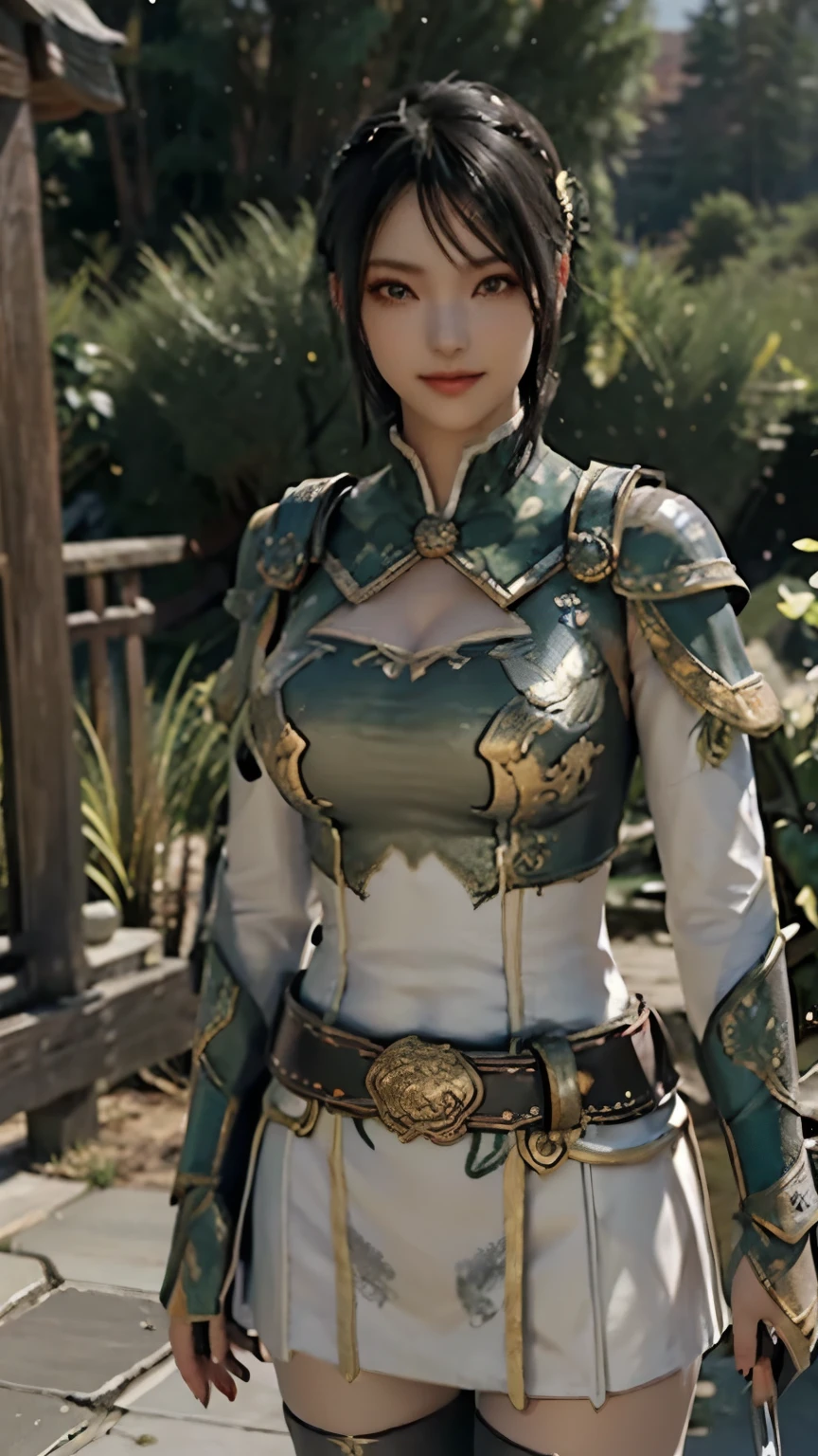 Hosei ,(best quality,4K,8k,high resolution,Artwork:1.2)(weather: In the Wind ), CHINESE VILLAGE BACKGROUND , Chinese Gardens, Striped top, long sleeve, white capelet, belt, Circle Skirt, gold trim, Black Pantyhose, high boots , eyeliner, short wavy hair, black hair, Super Detail, realistic, Portraits, Beautiful Detailed Honey Colored Eyes, Shining Eyes, , beautifully detailed lips, Highly Detailed Eyes and Face, long eyelashes, sexy, average, big breasts, radiant smile, glance smile, POWERFUL GIRL , sexy pose, Stunning curves, I'm wearing a bright color , dramatic lighting, hair flutters, Chinese Sword,