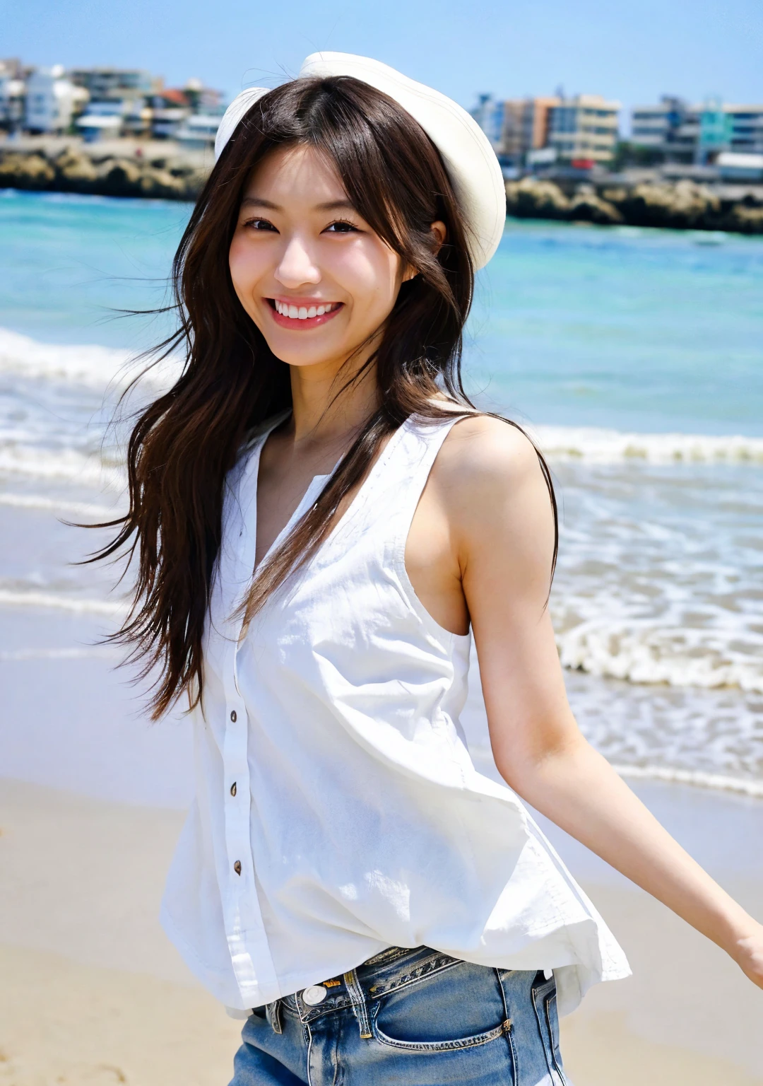 Highest quality, shape, Very detailed, finely, High resolution, 8k wallpaper, Perfect dynamic shape, Beautiful and detailed, Straight hair, Small breasts, Natural color lip, Random sexy poses,The best smile,30 year old adult beauty、Daytime、Beautiful and elaborate face、Perfect and beautiful face,Big eyes、RAW Photos、Expressing feminine poses with the whole body、Beautiful and detailed、Small face、Beautiful Duplex、Slim face and figure,Bright expression,Shooting with a focus on beautiful legs,White summer knitwear、Surf Casual、Summer clothes、Indonesia、bali、coastal、Beach