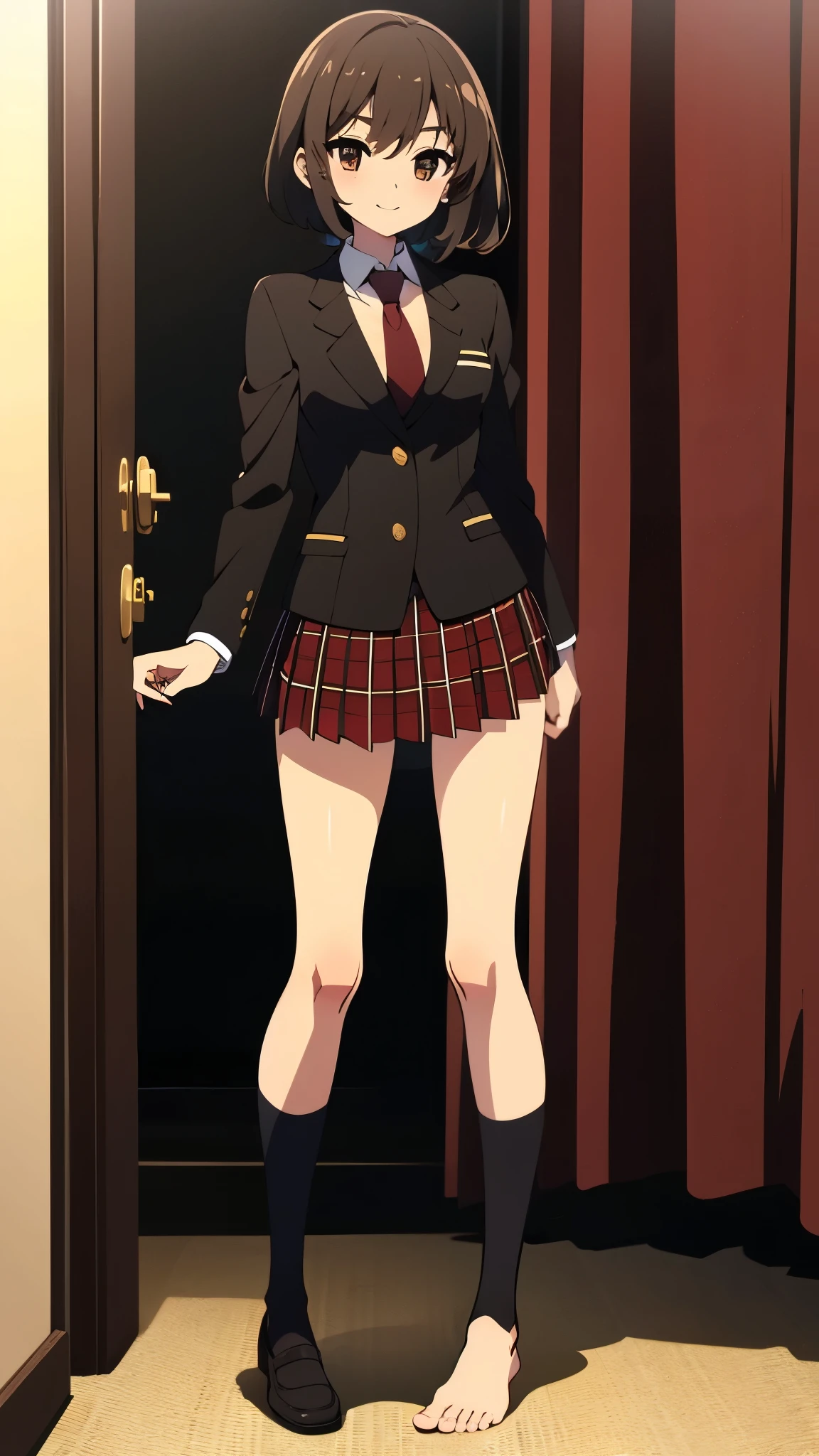 in room, anime style, 8k, masterpiece, ultra high res, wearing school uniform, black blazer, break red tie, red plaid pattern skirt, bare foot, break, standing, full body shot,