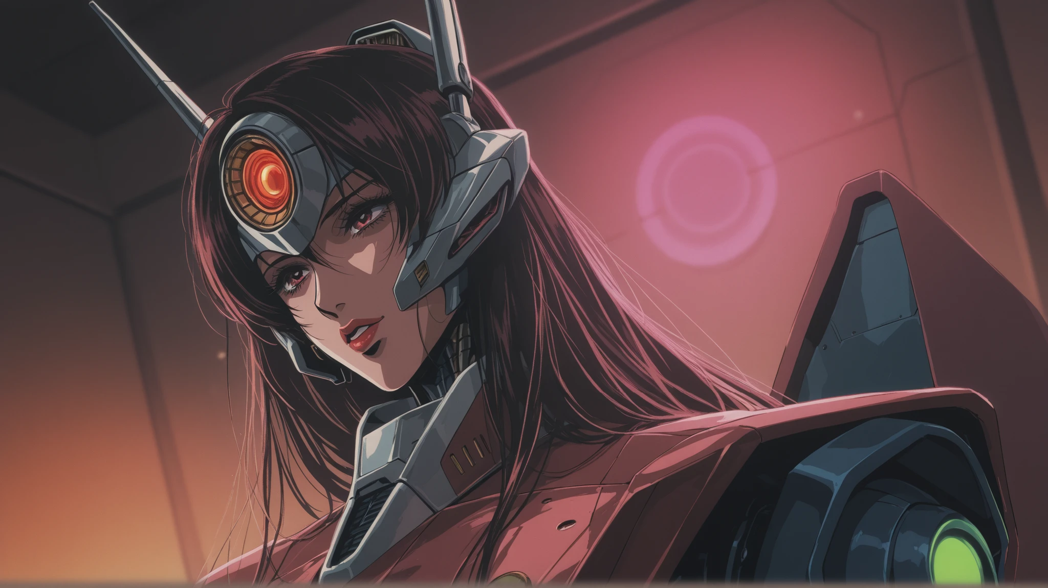beautiful woman woman mechanical of future cybernetic horror retrowave 80s