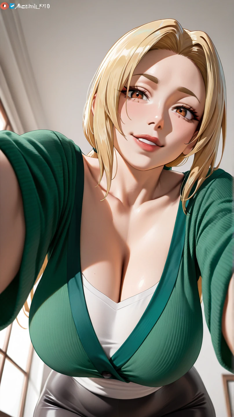 8k, large breasts tsunade smiling hugging man, tsunade wearing night robe, short skirt lifted showing thong, standing in kitchen by the window (sexy lace bra and panties pattern), (lift her skirt) ,(show panties)