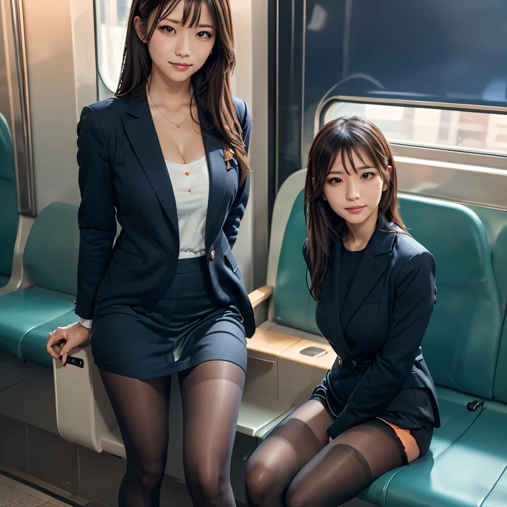 Two asian businesswomen on train. No bra. ??????? view, legs spread, panties visible.
