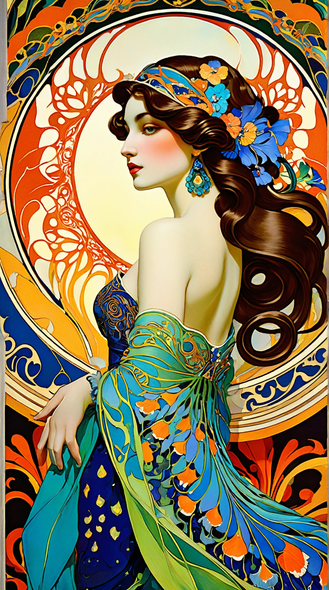 John Berkey style, alphonse mucha style, Berlin Secession style, Art Deco style, portrait of a beautiful woman, small breasts, intricate dress, soft smile, red lips, blue eyes, black long hair, messy hair, Long-exposure, Arabesque, backlighting