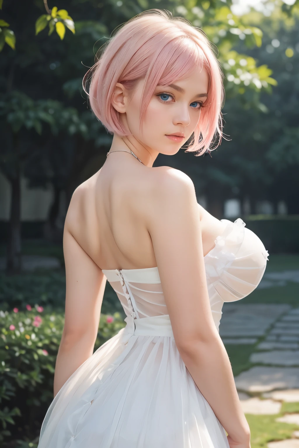 (RAW photo, high resolution, best quality, masterpiece), 1girl, (finely detailed beautiful eyes and detailed face), ((slender figure, thin waist)), cleavage, ((white camisole dress)), charming, pink shiny lips, ((swept short hair colored in orange and pink)), perfect style, (flowery meadow), extremely detailed CG unity 8k wallpaper, ultra-realistic, super detailed