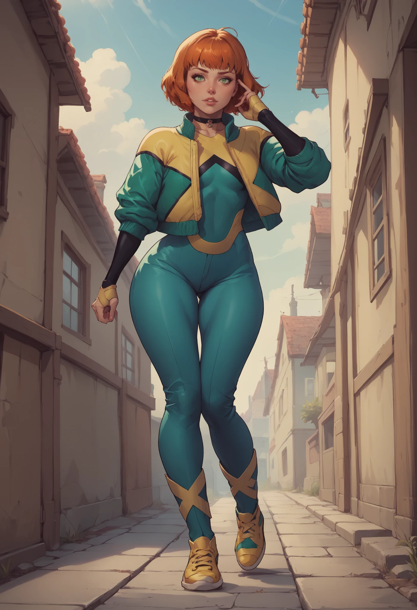 jeangreymarvelnow
1girl, short hair, orange hair, medium breasts
bodysuit,
gloves, yellow footwear, jacket, green eyes, Small saggy breast, huge hips., an impatient expression on his face, choker. looking at the viewer, shirt. jeans. river. bottom view. face dawn ass up