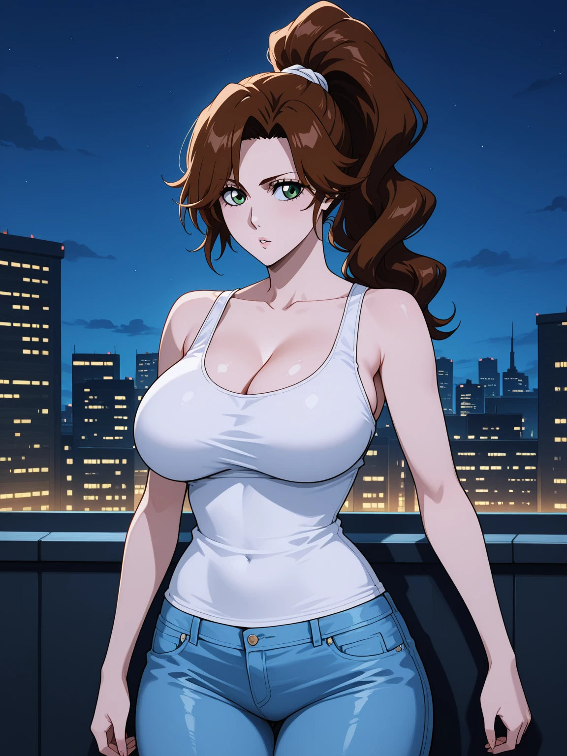 , aaitoe, brown hair, brown eyes, earrings, jewelry, long hair, lips, ponytail, large breast, (mature female:1.2) , blush, lipstick, outdoors, rooftop, cityscape, building, railing, night, night sky, scenery, city lights, fur trim, mature female, gloves, fur-trimmed coat, masterpiece, best quality, highly detailed, a girls with a gun, evil smile , open mouth, sexy gaze, badass
pose , evil smile, smile, (nsfw) not safe for work, guns blazing, anime girl with long hair, beautiful long
haired girl, navel, evil expression, exposed belly, exposed navel, exposed midriff, exposed lower belly,
long black pants, crop top, cleavage, unbuttoned leather pants ,open fly, low rise black leather pants,
leather jacket, holding a gun, navel piercing
