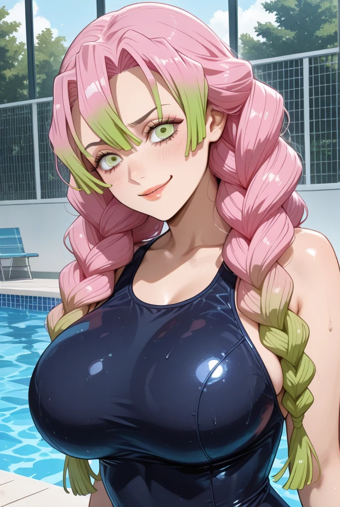 girl、(((One person)))、(((solo)))、((Yellow green checkered micro bikini:1.3))、(Face Enhancement:1.3, )、16 years old、Detailed Hair、Pink Hair、Touching your hair、Thighs、((cowboy shot))、Highest quality、Super detailed、Very detailed、Detailed Background、D cup bust、smile、Resort hotels、Outdoor swimming pool、