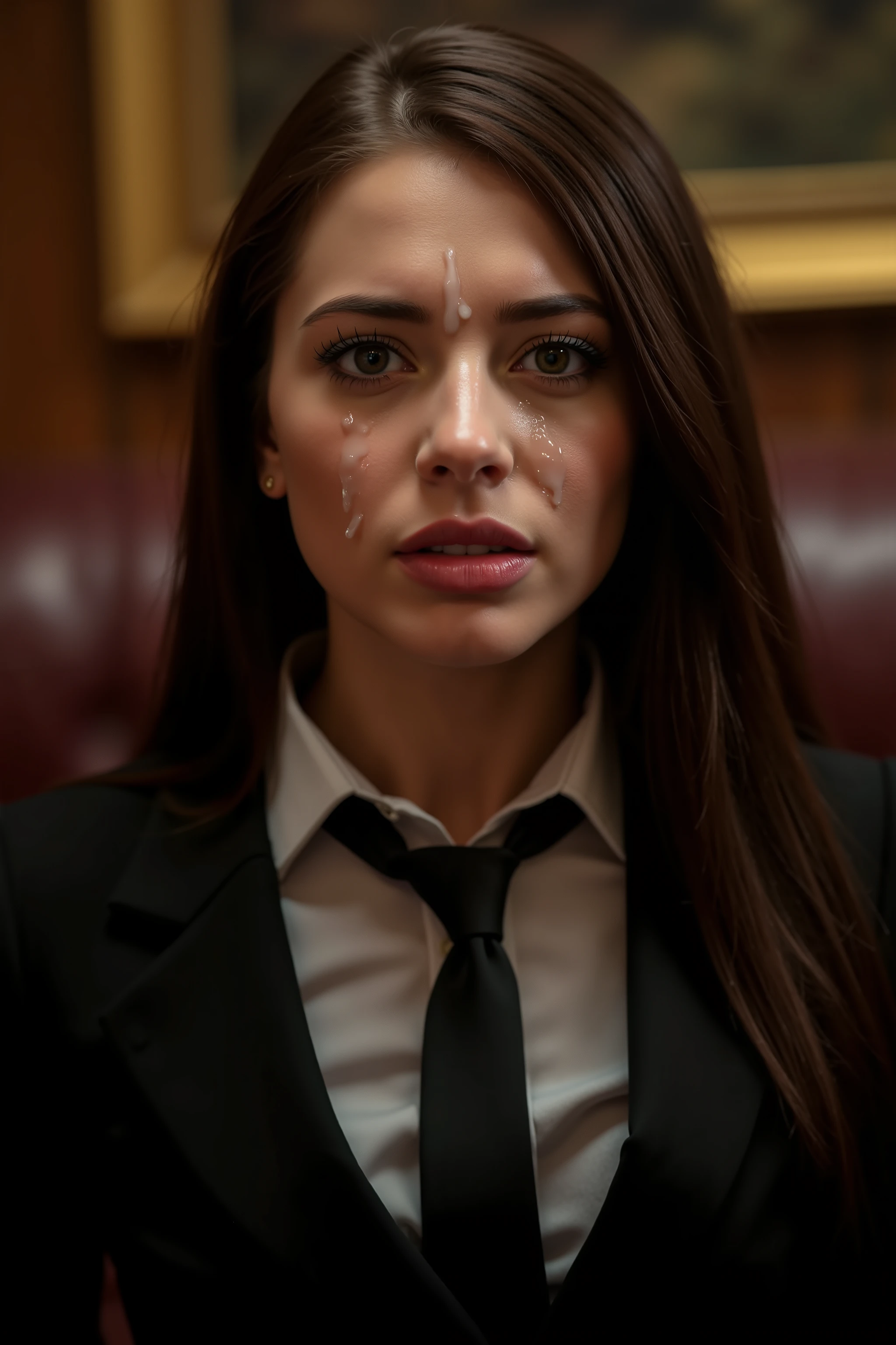 Beautiful young secretary dressed up profesionally, kneeling in front of the viewer, she gazes up at the penis with fear and shame, luxury office background, detailed facial features, photorealistic, dramatic lighting, high quality, 8k, hyper detailed, masterpiece, closeup, ((cum dripping on her cheek, semen in her hair))