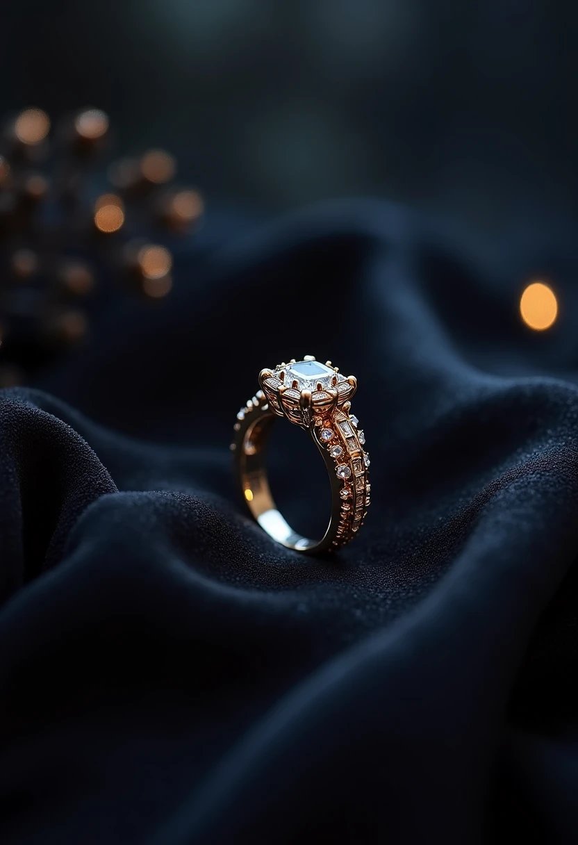 an intricately designed, beautifully crafted betrothal ring on a dark background