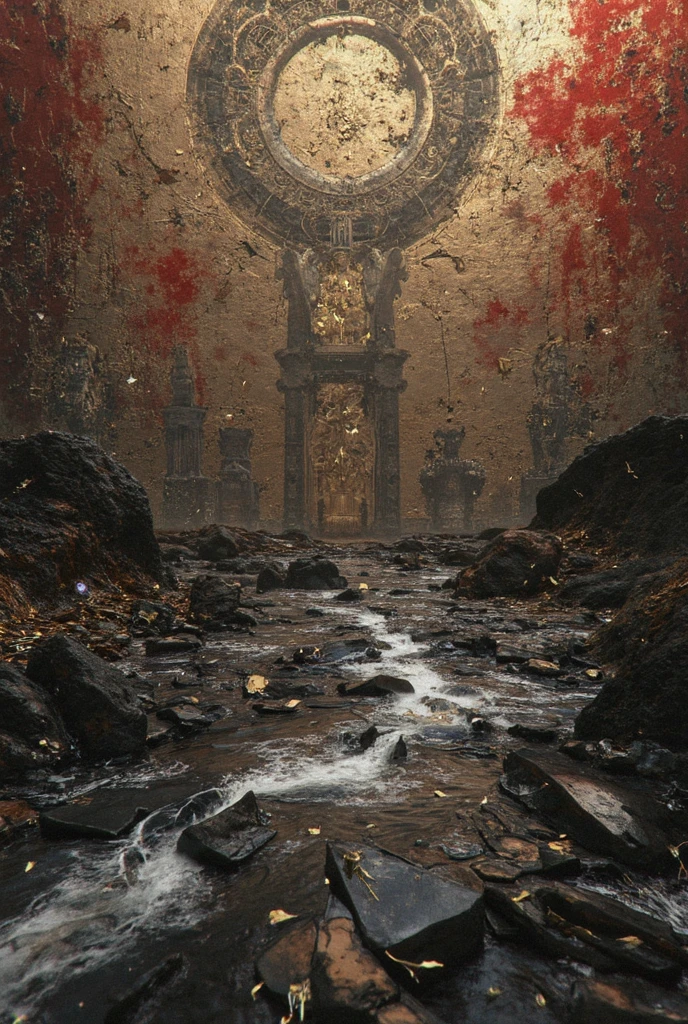 a woman standing in the water with a tattoo on her back, dan mumford tom bagshaw, gate to hell, the gates of hell, hell scape, gates of hell, the gate to hell, dan mumford and alex grey style, bloody river in hell, hell gate, symmetrical epic fantasy art, on background red lake on fire, portal to hell