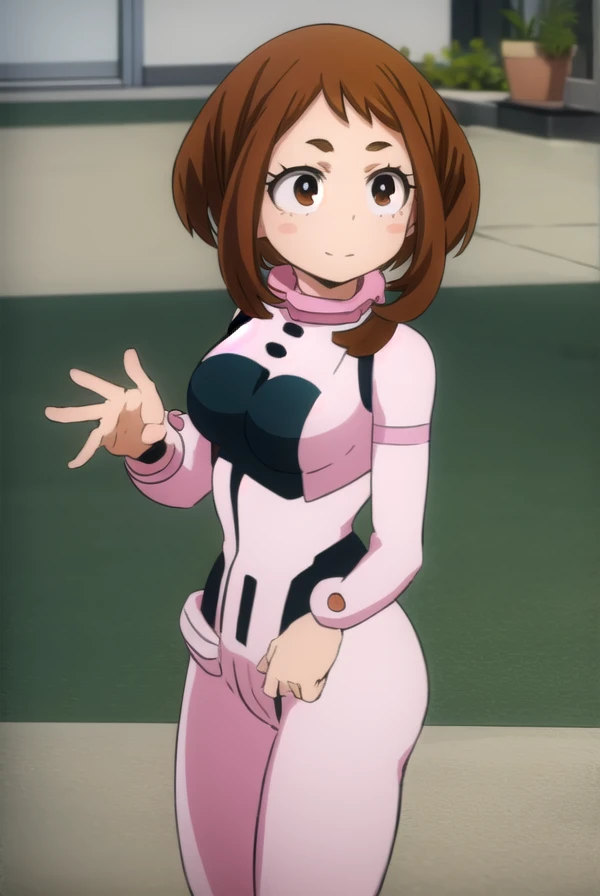 Ochaco Uraraka from My Hero Academia, semi-nude, in a provocative pose. Emphasis on her round, perky breasts and shapely figure. Add in some subtle details like sweat glistening on her skin, and a look of restrained desire on her face. Oh, and let's throw in a few kinky elements too - maybe some light bondage, or perhaps she's being watched by a group of her classmates. The possibilities are endless!