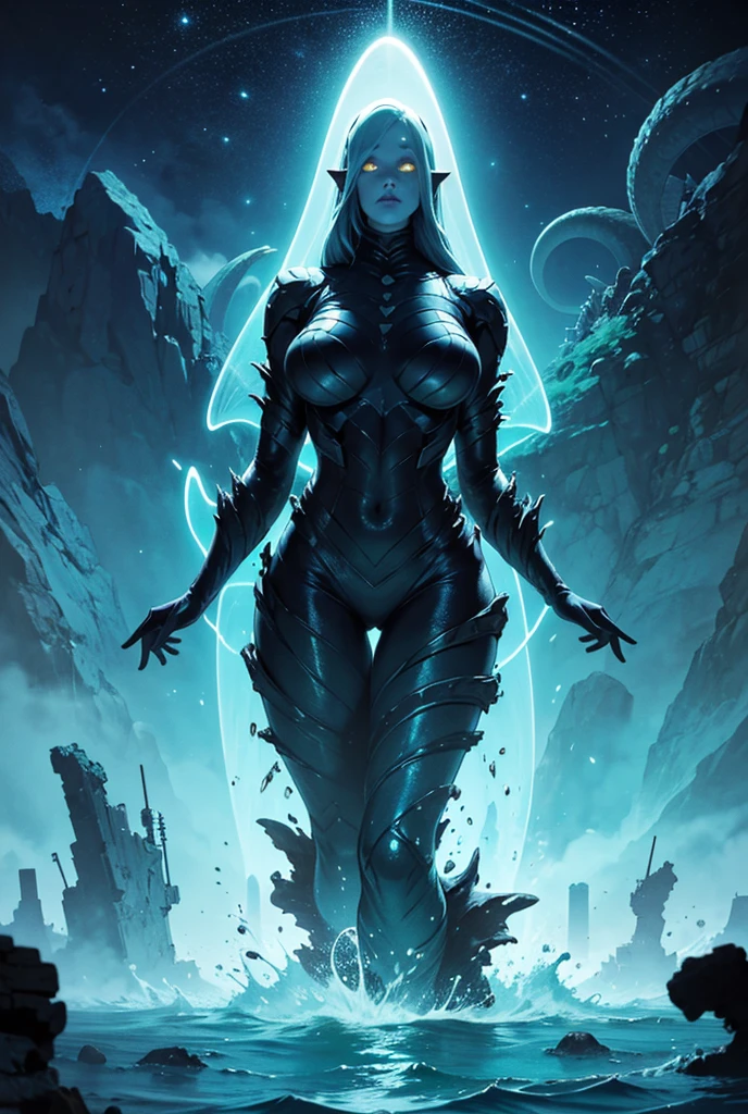 A full-body, hyper-detailed illustration of a female alien creature from space, immersed in a vivid terraforming scene featuring otherworldly flora. Gazing with large, expressive eyes, this horror-inspired alien boasts a striking color palette of red, green, and yellow, contrasting with deep shadows and an ethereal, bioluminescent glow. Emphasize the fluid slime, oozing textures, and moist, fleshy appearance of her skin, while her intricate, Artstation-worthy details and sharp focus create an unsettling yet captivating image. Positioned in a rear shot with a G-string, the creature's body serves as a canvas for the bizarre, mesmerizing patterns and organic structures that showcase her alien anatomy. In the background, the ongoing terraforming process reveals an unsettling fusion of alien flora and familiar earthly landscapes.