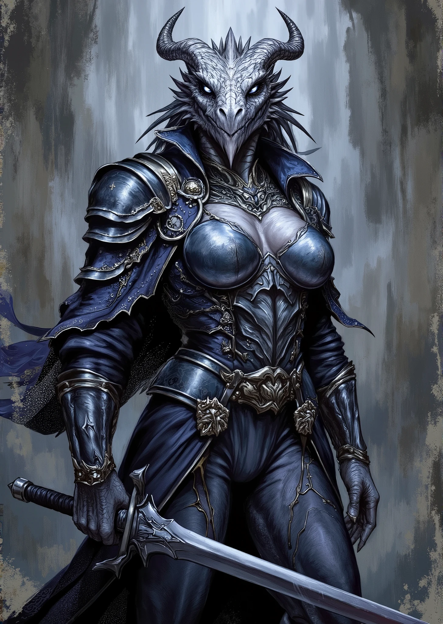 An extremely detailed comic book illustration of an extremely curvaceous Metallic Silver Dragonborn from Dungeons and Dragons which look like wingless bipedal dragons scaly bright-eyed and thick-boned with horns on their heads with a silver coloration trained as a Dungeons and Dragons Diviner Wizard capable of wielding explosive fire arcing lightning subtle deception and spectacular transformations able to conjures monsters from other planes of existence glimpses the future and form protective barriers taking a scholarly approach to magic striving to part the veils of space time and consciousness to peer into the past the present and the future weaving spells of discernment remote viewing supernatural knowledge and foresight with a captivating and mystical appearance showcasing a blend of dark elegance and magical prowess wearing a sheer long flowing dark colored robe adorned with intricate celestial patterns including stars and moons with a high collar and wide lapels giving it an imposing yet refined silhouette with sheer long billowy sleeves with metallic trim and embellishments that catch the light with a fitted structured bodice that hugs her massive breasts featuring a subtle pattern that echoes the celestial motifs of her outer garment with fitted trousers that complement the flowing nature of the robe embodying a character who is both a scholar and a sorceress ready to wield her magic with confidence and style in an art style inspired by Frank Miller and Conan the Barbarian. The background is awash in brushstrokes in mystical tones. Standing in a dynamic action pose. Trending on Art Station.