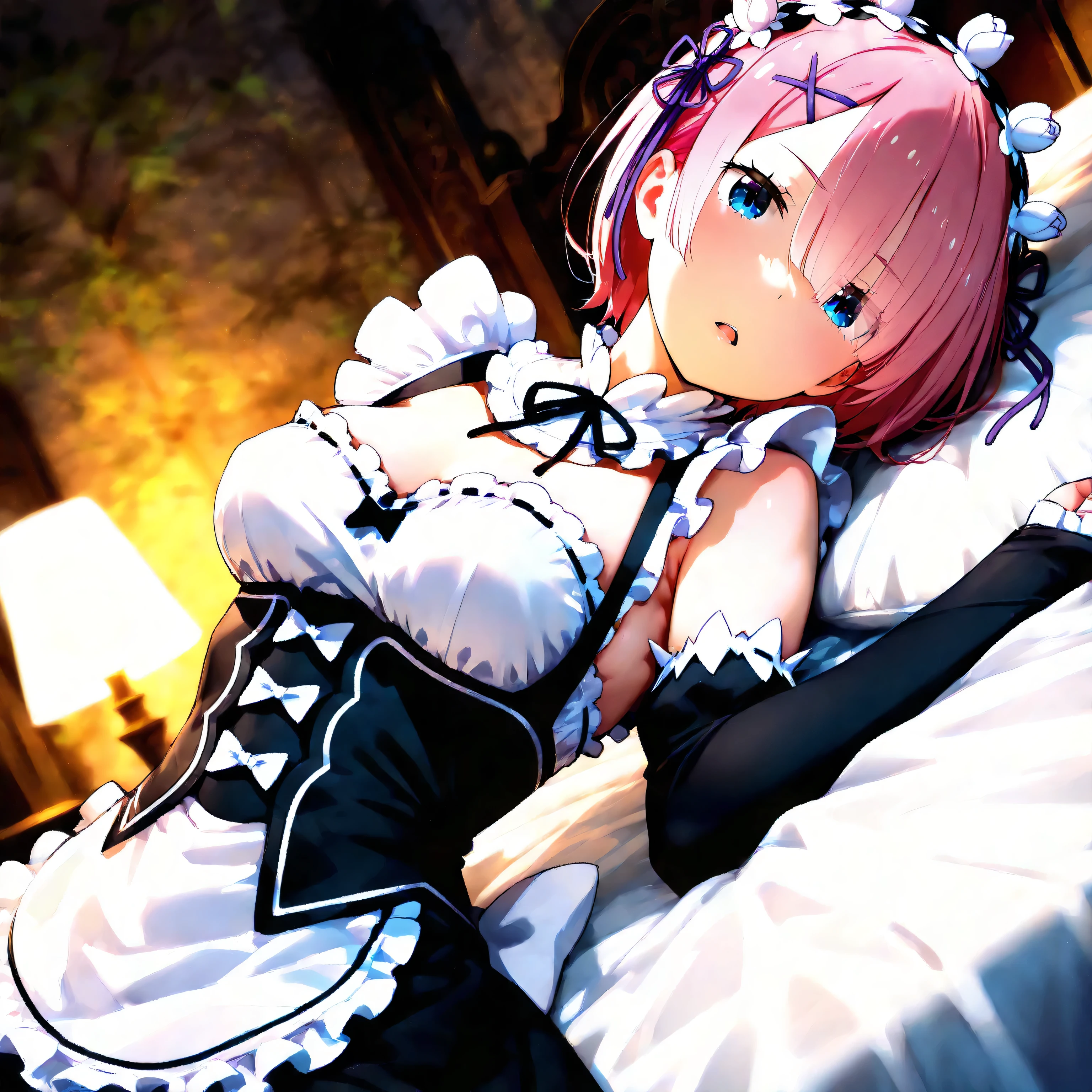 masterpiece, best quality, high resolution, best illustration, super fine illustration, (official art:0.8), (anime screencap:0.9), detailed beautiful face and eyes, anime keyvisual, (perfect anatomy:1.1), ultra detailed, 8k portrait, nsfw,
1girl,
ram,
ram \(re:zero\),
short hair,
pink hair,
(red eyes:1.2), (beatiful detailed eyes:1.2),
maid headdress, ribbon, x hair ornament,
medium breasts,
maid uniform, frilled apron, detached black sleeves, white tights, cold Shoulder, mini skirt,
looking at viewer,
cowboy shot, spread legs, show panties, pink panties, skirt lift,
natural light, background of indoor, lie on the bed,