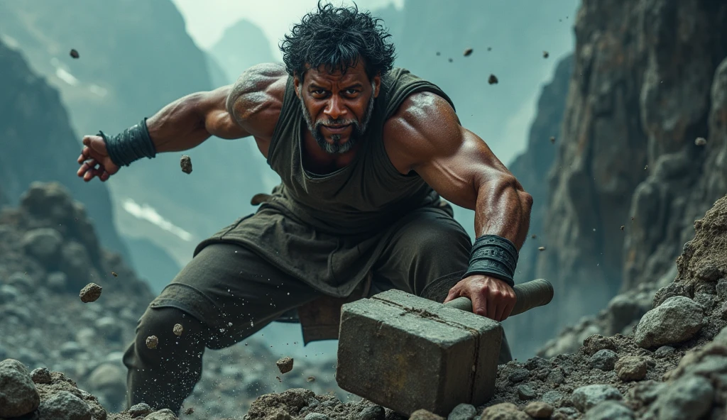 A man screaming of wining a fight with a monster, wideshot