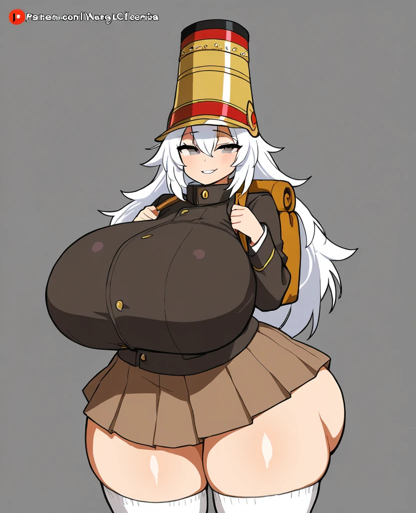 1girl, (((human))), (((huge breasts, massive hips, massive thighs))), (long white hair), (red eyes), smile, blushing, (full body display), posing, smile, blushing, open field, park, thighhighs, gloves, hat, boots, belt, sword, uniform, zettai ryouiki, military, military uniform, thigh boots, shako cap,
