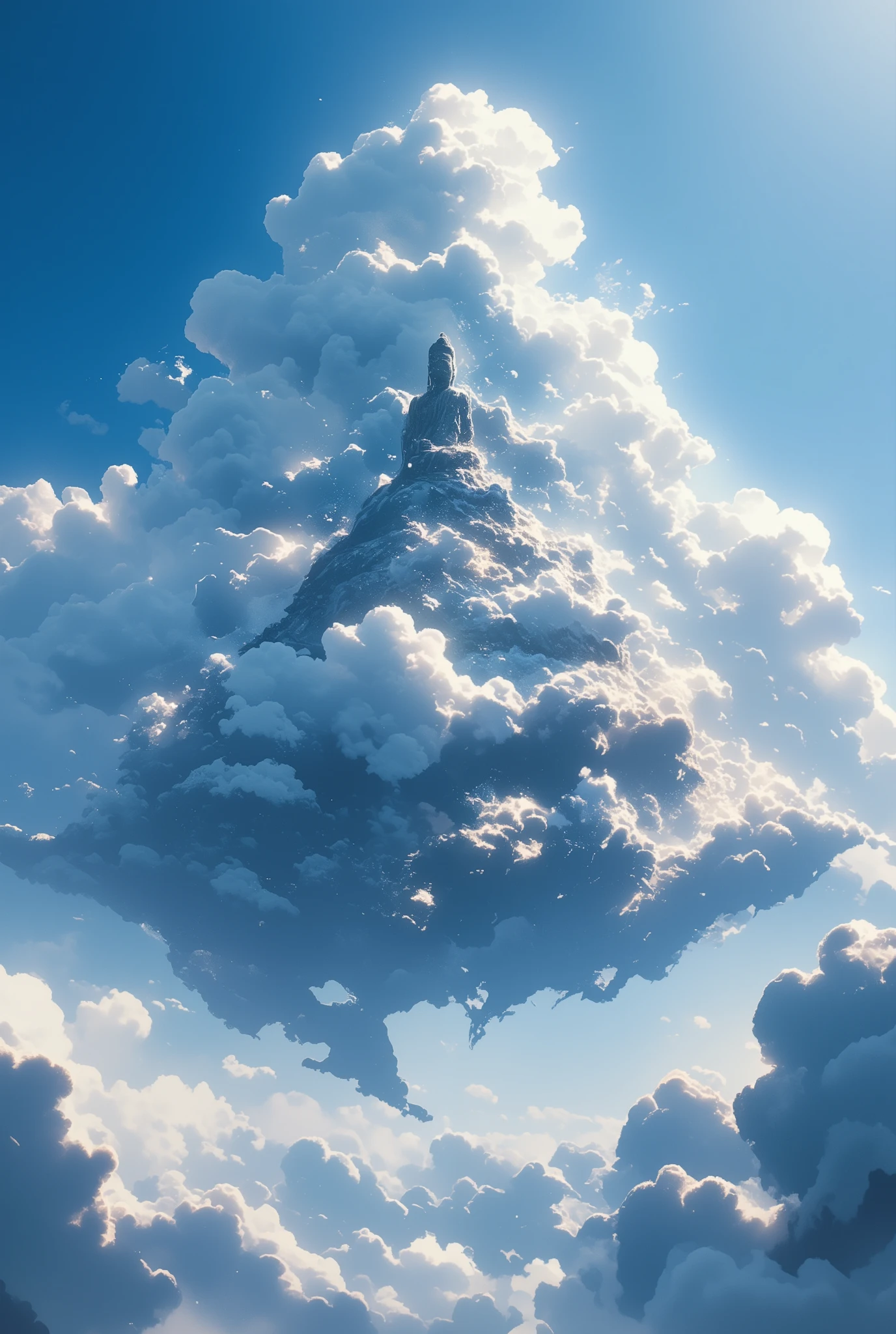 One cloud with a huge Buddha statue on it. clouds are floating on their own, There are no clouds. The clouds are big and fluffy. The background is a clear blue sky with no clouds. The sun shines from behind the statue、creating strong backlighting. shot from below.