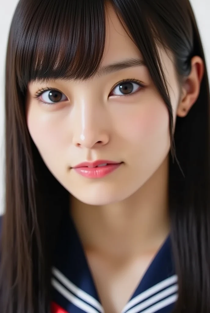 nicely trimmed long black hair、face close-up、Sailor Suit、