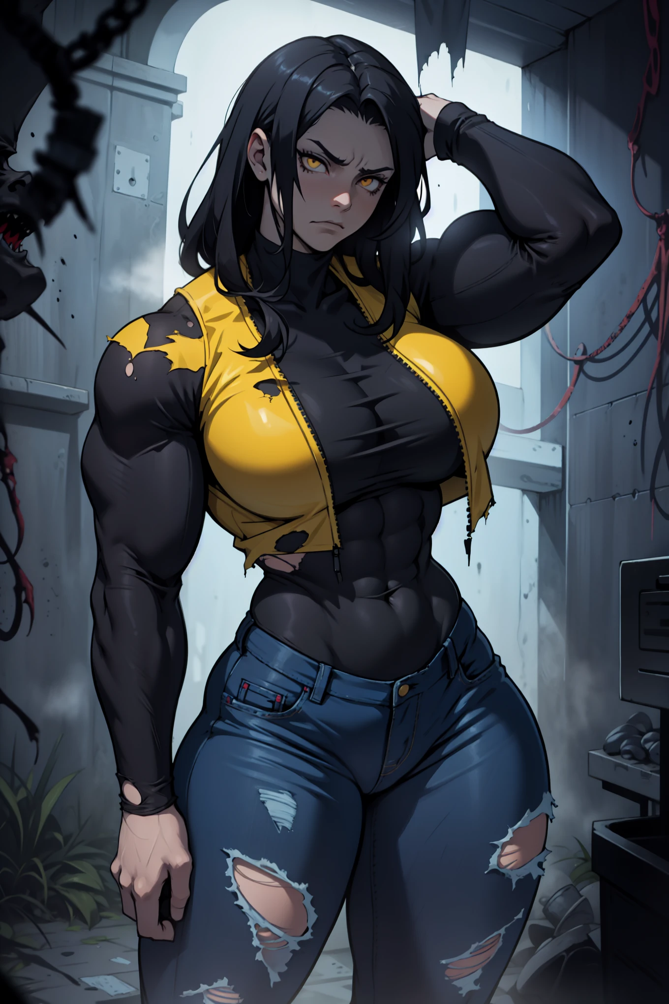 huge muscles huge breasts huge thighs pale skin black hair yellow eyes very long hair muscular girl disappointed disappointed disappointed disappointed skintight dimly lit room