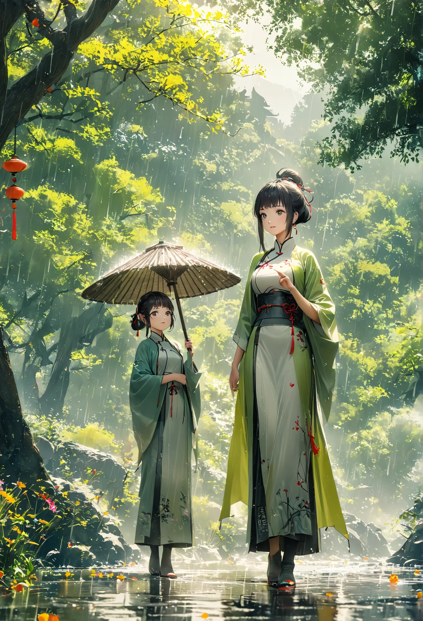 1 girl, Cai Guorun's Illustration Style , Rainy and clear season, Under the willow tree, Shepherd Boy, in the rain, Pointing into the distance, Indicate the direction to Xinghua Village , Spring is full of freshness, rich details , Spring scenery, flat design, gentle color, Vivid Colors, elements of traditional chinese painting, photorealistic, Minimal Composition, High Saturation and High Contrast , Rich Light and Shadow Details , Sharp Contrasts and Clean Lines