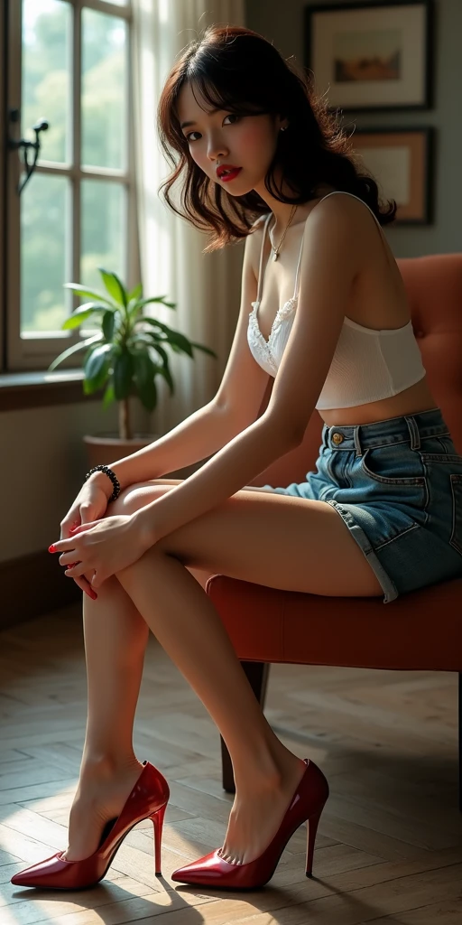 25 year old woman, brown, tall, ultra resolution, 4k, transparent white t-shirt and shorts, ultra resolution, 4k, medium breasts ultra realistic, red curly hair, on a swing in the park, ultra realistic, 8k