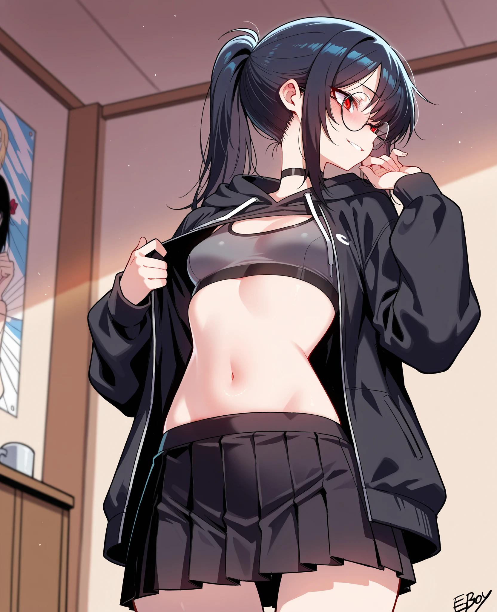 Somewhat tall girl with long black messy hair and dark eyes, wearing a slipknot band t-shirt and dark tights panties with a voluptuous body