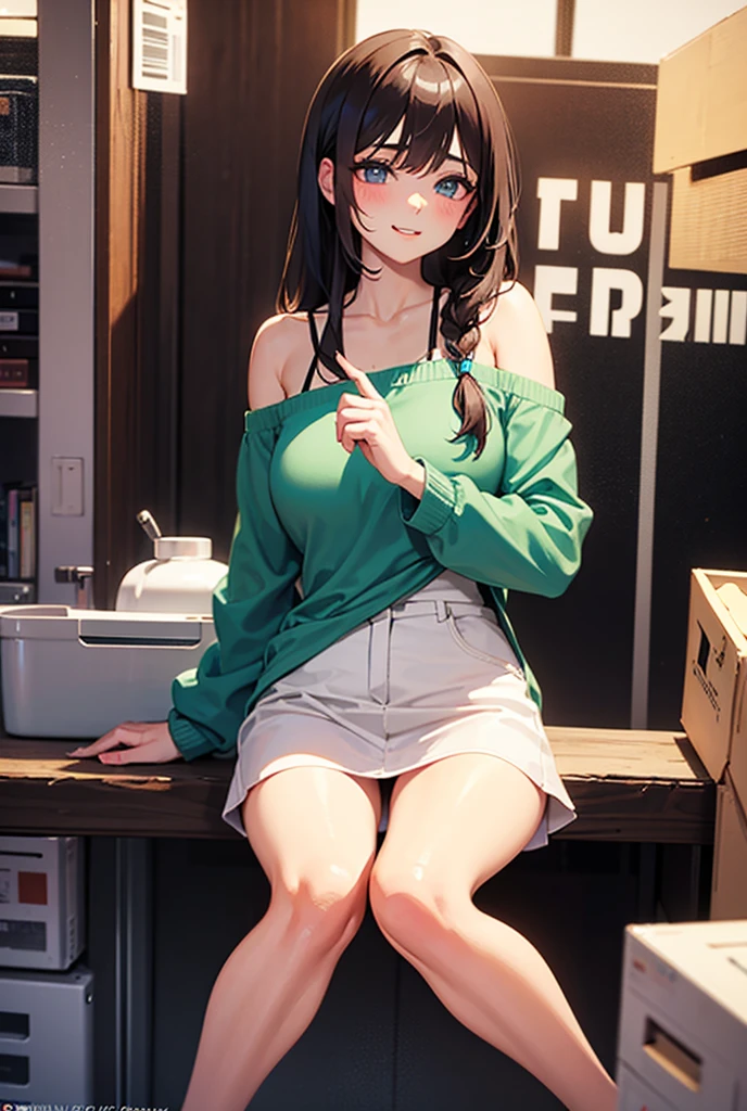 Toujo Nozomi, a solo figure with long, low twintails and captivating green eyes, is seen sitting behind a desk, her focus intently on something out of sight. The room is dimly lit, with only the occasional glint of light reflecting off her sleek, sweaterless midriff and the metallic sheen of her belt. Her huge ass, accentuated by the tight-fitting thong she wears, takes center stage in this intimate scene. The chair she sits on seems small in comparison, as she leans back, her thighs pressed together, a blush creeping up on her cheeks, betraying her shy demeanor. A faint mist clings