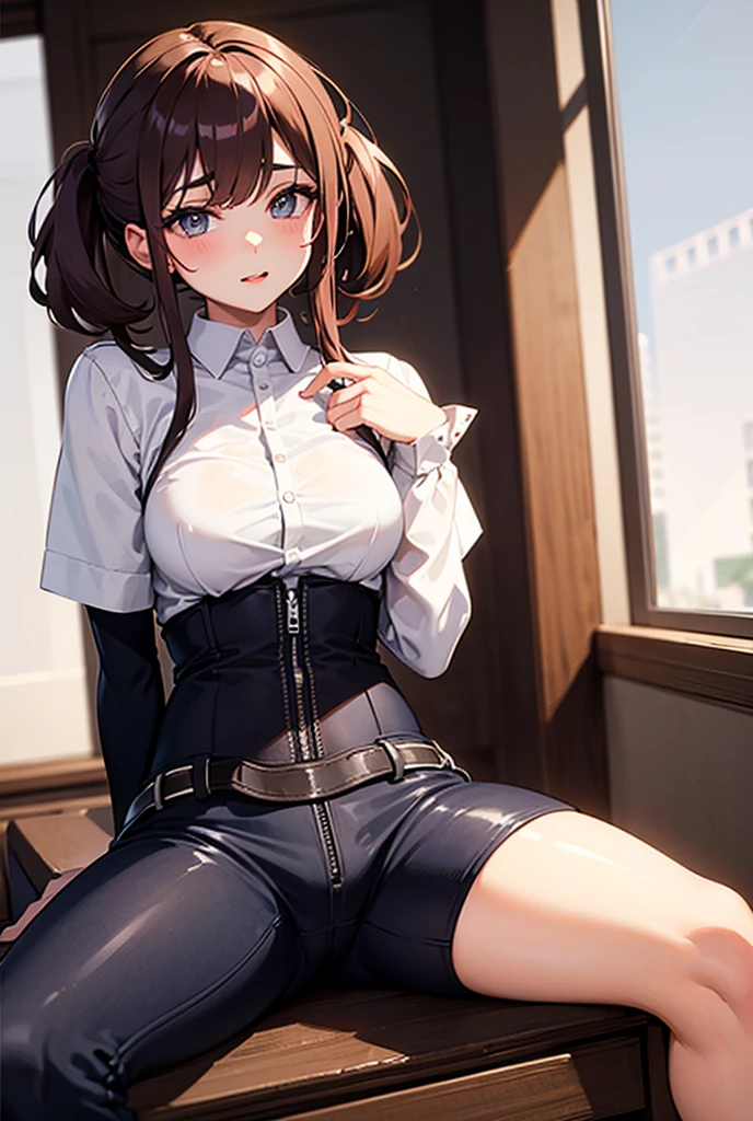 Brown hair、watching at viewers　　　a belt　　　bulging big tits　　 　 　　　walls: 　Black miniskirt　garters　　　　　　Gaze　　　a small face　bangss 　　　holster　　　Beautuful Women　　Hands up　　レッグholster ベッドに横たわる　　Gaze 　black boots panty shot　Provocation　flank　flank汗　Soio 　black suits　　Black jacket　Black pants　White cutter shirt