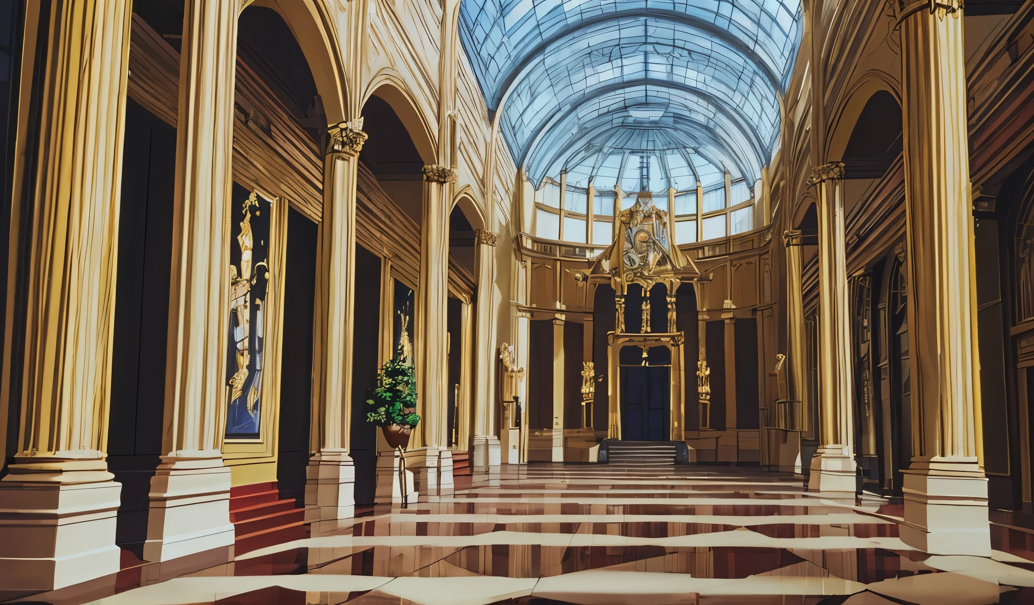 Drawn in 80’s anime art style.
Retro anime. Vintage Anime. Classical Anime.
Location: Exhibition Hall
Main Gallery Halls
• Scale: Vast, echoing, and cathedral-like. Polished marble floors. High ceilings with vaulted arches or modern glass domes.
• Lighting: Spotlights on each art piece. Dim ambient lighting adds dramatic contrast—ideal for stealth sequences.
• Decor: Velvet ropes, mahogany frames, brass plaques. Statues and rare vases placed on pedestals surrounded by security sensors.
• Tone: Quietly reverent. Guards patrol slowly. Visitors speak in hushed tones. Every footstep echoes.
