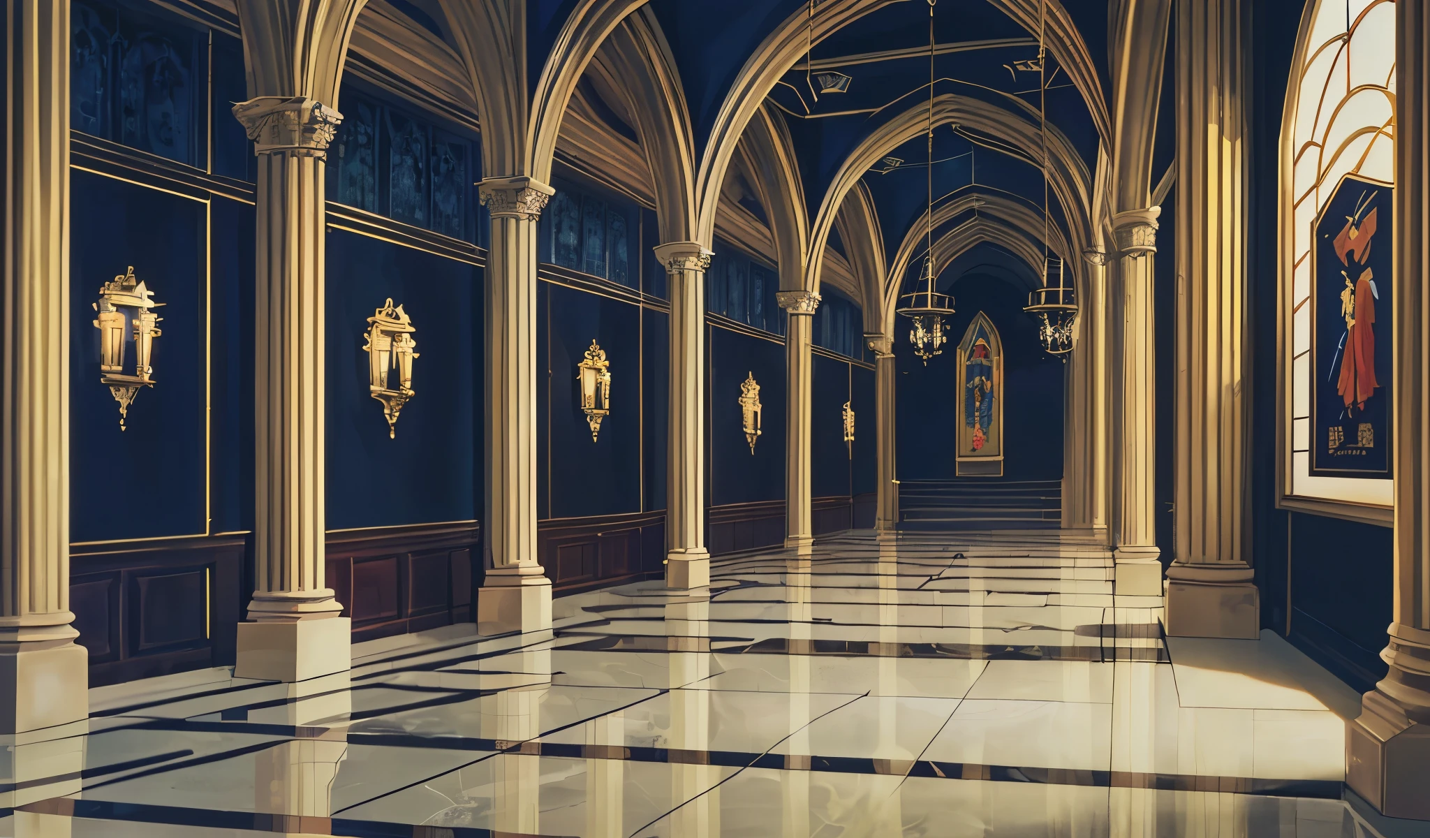 Drawn in 80’s anime art style.
Retro anime. Vintage Anime. Classical Anime.
Location: The Castle of the Four Gods (Main Hall)
Exhibition Hall
Main Gallery Halls
• Scale: Vast, echoing, and cathedral-like. Polished marble floors. High ceilings with vaulted arches or modern glass domes.
• Lighting: Spotlights on each art piece. Dim ambient lighting adds dramatic contrast—ideal for stealth sequences.
• Decor: Velvet ropes, mahogany frames, brass plaques. Statues and rare vases placed on pedestals surrounded by security sensors.
• Tone: Quietly reverent. Guards patrol slowly. Visitors speak in hushed tones. Every footstep echoes.