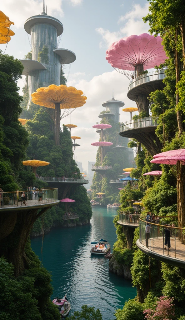 Photo réelle aux détails soignés. Vue d'une grande ville animée à l'architecture organique. Perspective aérienne sur une ville végétale parcourue de canaux de circulation fluviale. Bâtiments organiques transparents, leurs structures gigantesques en courbes tordues sont entièrement réalisées en végétaux fantastiques, les immeubles sont sculptés à même les troncs et les branches noueuses d'une végétation extraterrestre fantastique et luxuriante. Végétation abondante aux proportions démesurées. L'architecture, souple et vivante, où la transparence et la légèreté dominent s'adapte à ses formes irrégulières. Végétation aux couleurs gaies, omniprésente et vivifiante. Chaque partie des plantes est utilisée pour l'architecture, depuis les pétales des fleurs qui servent d'ombrage à des terrasses suspendues, jusqu'aux racines aériennes dans lesquelles sont aménagées des rails de métro, en passant par les lianes qui servent de support à des ascenseurs vitrés. Au sol, 100mètres plus bas, le delta d'un fleuve promène ses méandres au cœur de la ville. Aucun boulevard ni rue, la voiture n'existe pas. Des embarcations de toutes tailles, naviguent sur les larges méandres du fleuve, enjambés de passerelles piétonnes vitrées suspendues par des lianes à des hauteurs vertigineuses. Les sillages des bateaux créent des motifs dynamiques sur les eaux. L'atmosphère est calme et apaisante tout en étant pleine d'énergie, avec un équilibre saisissant entre la densité urbaine et la tranquillité de la nature. L'éclairage public est assuré exclusivement par la bioluminescence végétale. Le ciel est dégagé, les dernières lueurs du soleil à la tombée de la nuit viennent créer des harmonies avec les lumières artificielles qui s'allument dans les appartements et les bureaux.  Les couleurs sont profondes. La composition est parfaite et utilise un effet de perspective pour démontrer la densité de la ville. Photographie réelle avec une focale très longue. Ambiance urbaine, organique et dynamique.