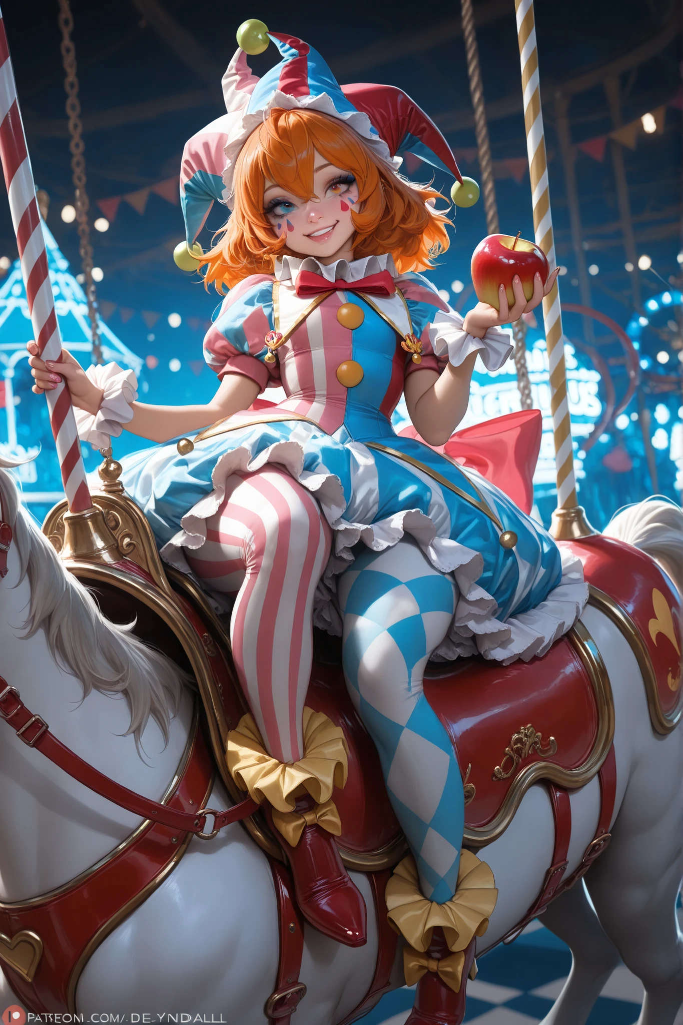(tangobat:0.7),(Sakimichan:0.7),(High CT quality,4k,High resolution,main piece:2.3),(Very detailed,Realistic:1.37,Best quality,masterpiece, high resolution,on_body), (Tyndall effect,photorealistic, Edge lighting, Two-color lighting),(high definition skin:2.3), (8K UHD, DSLR quality, soft lighting, high quality, surround lighting, sincere, de 8K , 4K, 8K.)
A sweet circus girl in energetic poses, cheerful emotions. The girl has two-tone red and ginger split hair. She has heterochromia. She is dressed in a pastel red/green/yellow circus clown costume: a wide sweatshirt with long puffy sleeves, a collar with a bow, a skirt with bells, pointed boots, leggings with daisies. She has apple patches on her clothes. She wears a jester's hat on her head. She has pastel circus makeup on her face. On the background: There is an amusement park and a carousel with horses.