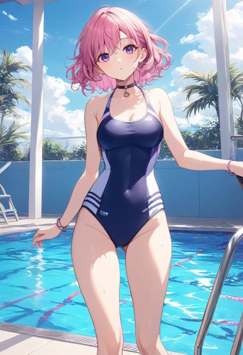 Cute Swimsuit、Random Swimsuit、Acme Face、Random pose、, Medium Hair、、pale blue eyes、Pink Hair、nsfw、Highest quality、1 girl、独奏、Ocean、Sandy Beach、Sexy pose、Random pose、Blushing、wet、Embarrassed、I can see half of my 、、One piece swimsuit、(Strap slip:1.3)