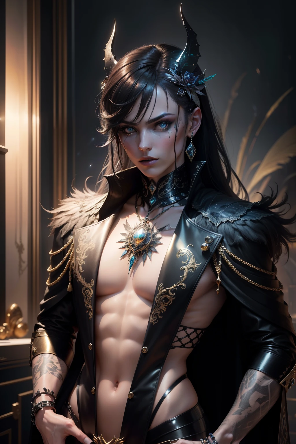 Androgynous Boy, homme androgyne aux longs cheveux noirs, very long black hair wearing a black dress, Incarnation of a moon deity, Bijoux en pierre bleue, Works of haunting beauty, Hiboux, JdR, Fantaisie, cheveux longs, Style anime, Perfect lips, Cuir de porcelaine, Hdr, UHD, 64 mille, studio lighting, Realstic, hyper realistic, Simetric face, Unreal engine, Bokeh, High-resolution analysis