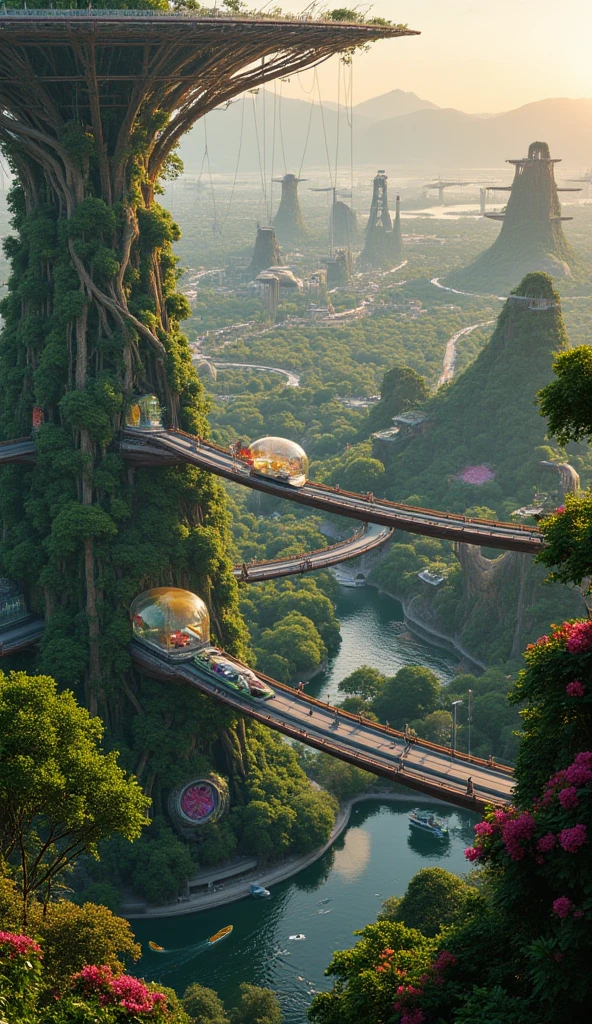 Photo réelle aux détails soignés. Vue d'une grande ville animée à l'architecture organique. Perspective aérienne sur une ville végétale parcourue de canaux de circulation fluviale. Bâtiments organiques transparents, leurs structures gigantesques en courbes tordues sont entièrement réalisées en végétaux fantastiques, les immeubles sont sculptés à même les troncs et les branches noueuses d'une végétation extraterrestre fantastique et luxuriante. Végétation abondante aux proportions démesurées. L'architecture, souple et vivante, où la transparence et la légèreté dominent s'adapte à ses formes irrégulières. Végétation aux couleurs gaies, omniprésente et vivifiante. Chaque partie des plantes est utilisée pour l'architecture, depuis les pétales des fleurs qui servent d'ombrage à des terrasses suspendues, jusqu'aux racines aériennes dans lesquelles sont aménagées des rails de métro, en passant par les lianes qui servent de support à des ascenseurs vitrés. Au sol, 100mètres plus bas, le delta d'un fleuve promène ses méandres au cœur de la ville. Aucun boulevard ni rue, la voiture n'existe pas. Des embarcations de toutes tailles, naviguent sur les larges méandres du fleuve, enjambés de passerelles piétonnes vitrées suspendues par des lianes à des hauteurs vertigineuses. Les sillages des bateaux créent des motifs dynamiques sur les eaux. L'atmosphère est calme et apaisante tout en étant pleine d'énergie, avec un équilibre saisissant entre la densité urbaine et la tranquillité de la nature. L'éclairage public est assuré exclusivement par la bioluminescence végétale. Le ciel est dégagé, les dernières lueurs du soleil à la tombée de la nuit viennent créer des harmonies avec les lumières artificielles qui s'allument dans les appartements et les bureaux.  Les couleurs sont profondes. La composition est parfaite et utilise un effet de perspective pour démontrer la densité de la ville. Photographie réelle avec une focale très longue. Ambiance urbaine, organique et dynamique.