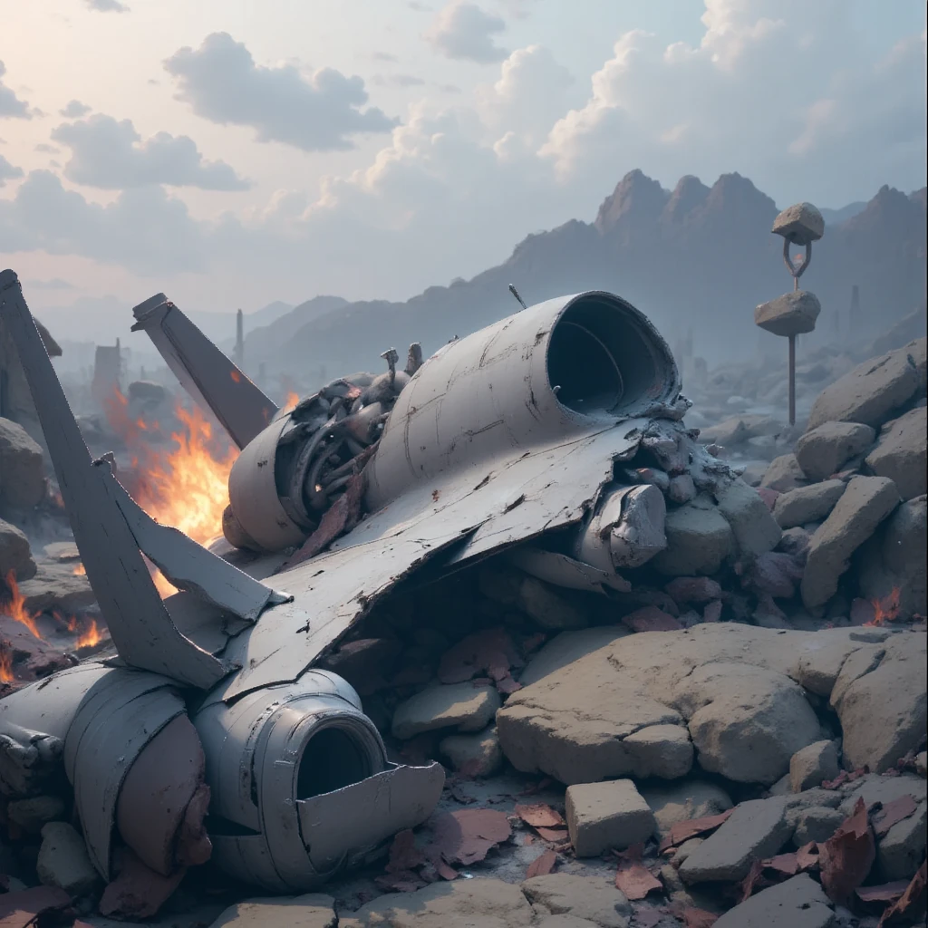 Plane explosion on the hill, with debris scattered and thick smoke rising into the sky. The scene is dominated by total destruction, with a sense of desolation and terror. (extremely detailed CG unit 8K wallpaper, Artwork, best quality, ultra-detailed, hdr:1.2, dark and terrifying atmosphere, eerie lighting, horror vibes)